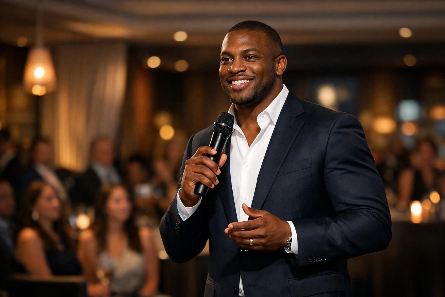 Rashard Mendenhall standing on stage, hosting an event in a modern venue with an audience in the background.