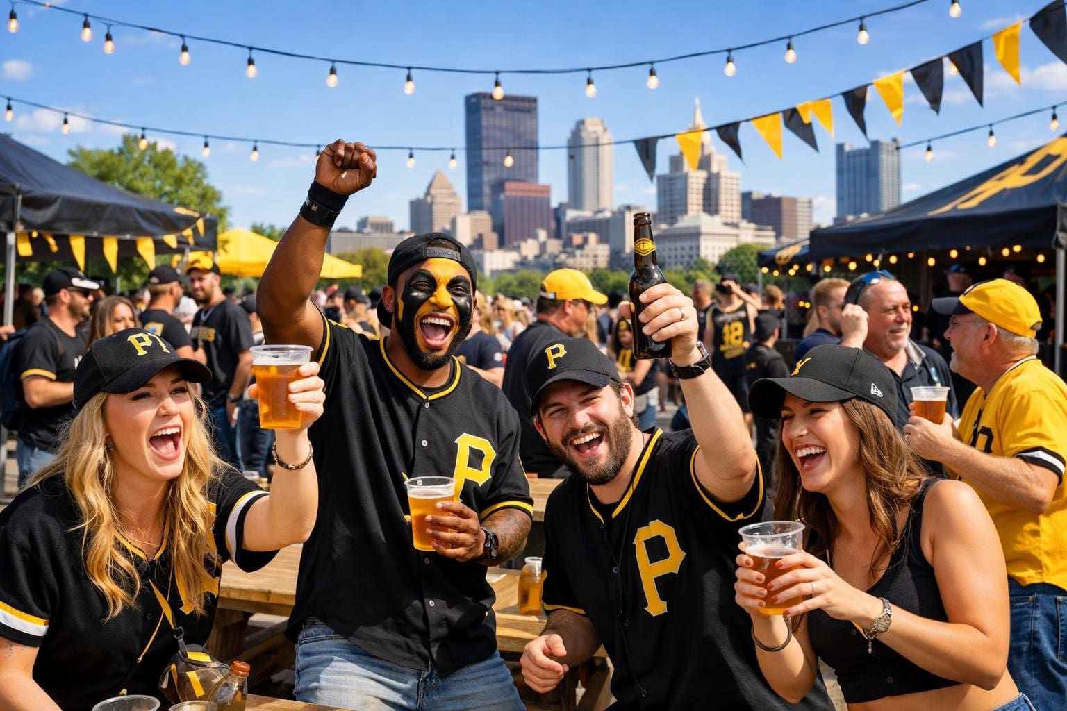 A group of Pittsburgh Pirates fans celebrating outdoors with drinks and decorations near the Pittsburgh skyline.