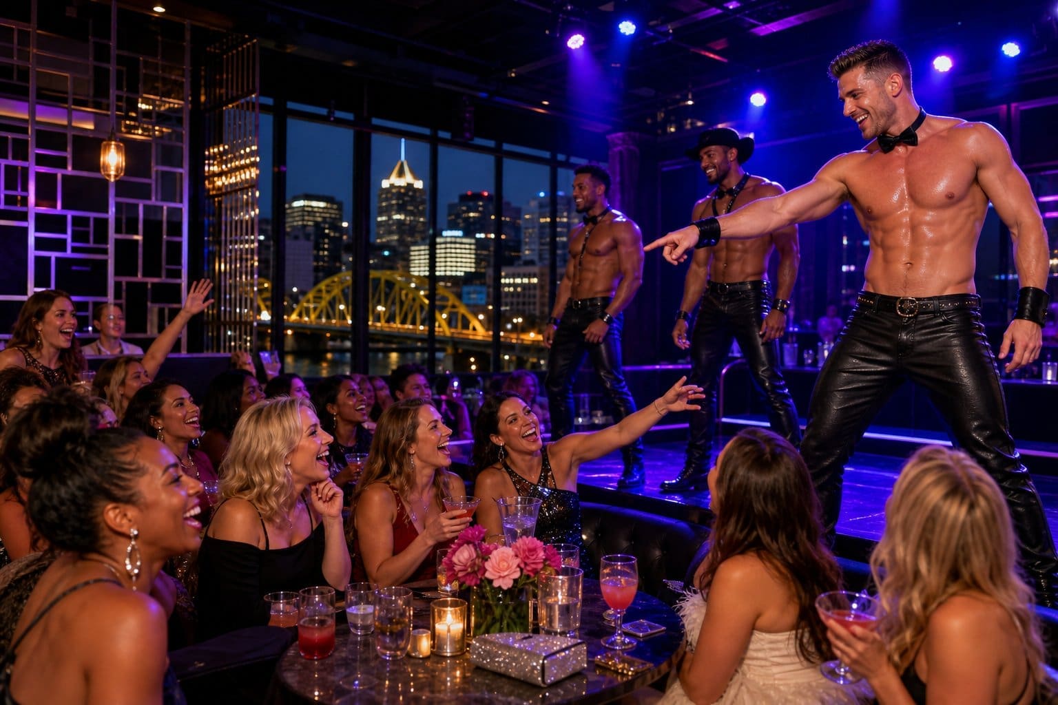 A group of women enjoying a male stripper performance at a nightclub during a girls' night out.
