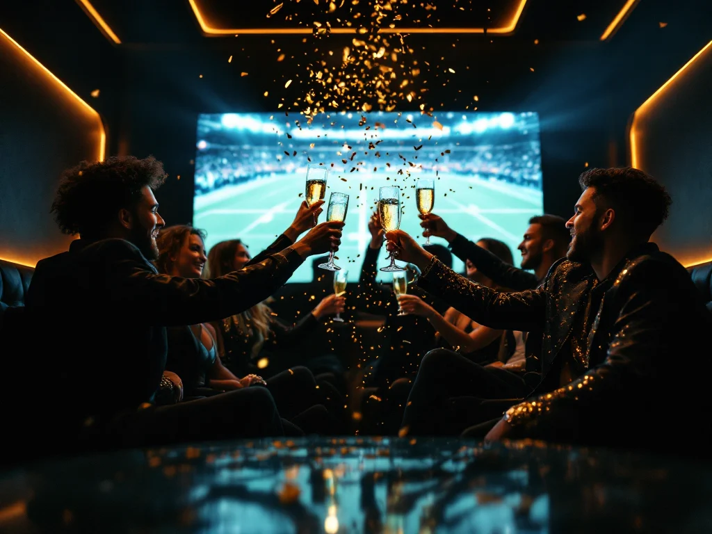 Friends celebrating a Steelers touchdown in a VIP section at Controversy Pittsburgh